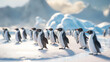 A charming scene of penguins marching in unison