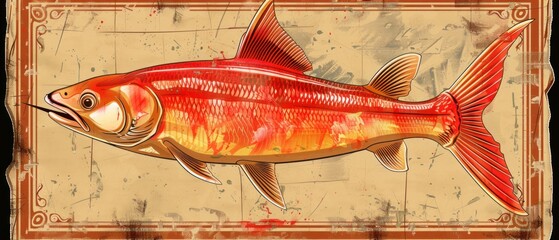 Wall Mural - a painting of a fish on a piece of paper with a grunge effect and a border around it.