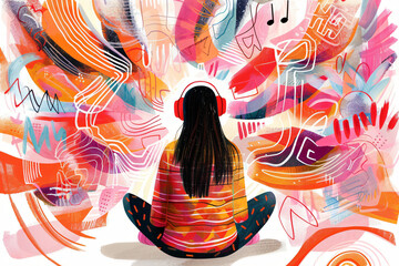 Girl listen to the music in headphones and see colorful melody. Synesthesia, ASMR. Stress relieving sounds concept. Abstract cartoon illustration for poster