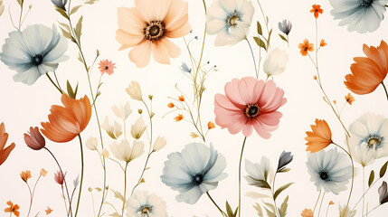 Wall Mural - Watercolor seamless pattern with spring flowers