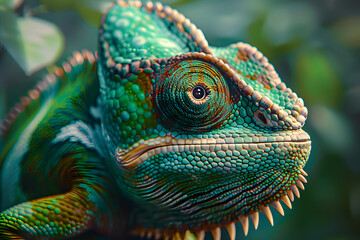 Wall Mural - Green colored chameleon close up. Generative AI.