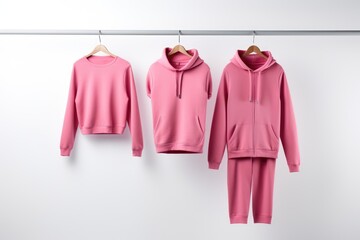 Three pink sweatshirts of varying styles displayed on hangers against a white backdrop