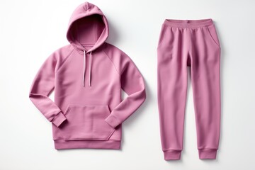 Sticker - A flat lay photo of a matching pink hoodie and sweatpants set on a white background