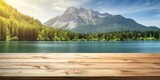 Fototapeta Przestrzenne - The empty wooden table top with blur background of summer lakes mountain. Exuberant image. generative AI