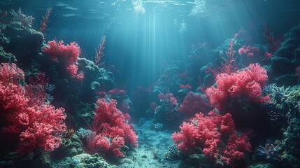 Wall Mural - Underwater Coral reef and bright ray sun. Generative AI