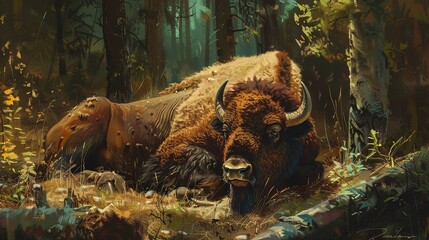 Wall Mural - captivating wildlife photography: portrait of a bison resting serenely in its natural woodland habitat