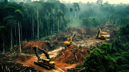 An aerial view captures deforestation as rainforests are cleared for palm oil and rubber plantations, highlighting environmental concerns.