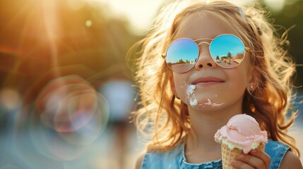 Wall Mural - A fashion close-up portrait outdoors featuring a young hipster girl enjoying ice cream in the summer heat