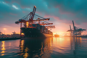 A cargo ship docked at a port with cranes loading and unloading containers