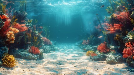 Wall Mural - Underwater Coral reef and bright ray sun. Generative AI