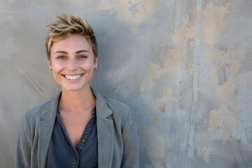 Wall Mural - Stylish Young Woman with a Trendy Haircut Smiling Against a Grunge Textured Wall