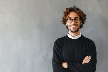 Wall Mural - Young Professional Man Smiling Confidently with Arms Crossed in a Modern Office Setting