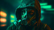 a silhouetted person wearing a gas mask with green eyes