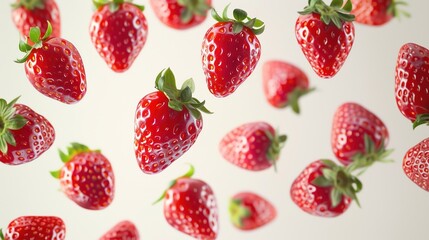  strawberries are tumbling through the air against a white backdrop, showcasing the natural beauty of this tasty fruit