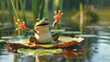 A frog with a humorous expression mid-jump