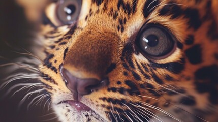 Wall Mural - breathtaking closeup of baby leopard cub face, a precious moment frozen in time in the wilderness