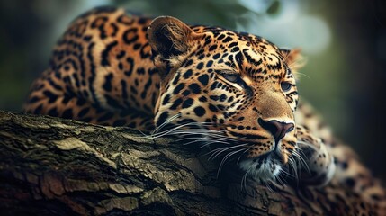Wall Mural - majestic wild leopard resting peacefully on tree branch, wildlife photography capturing nature's tra