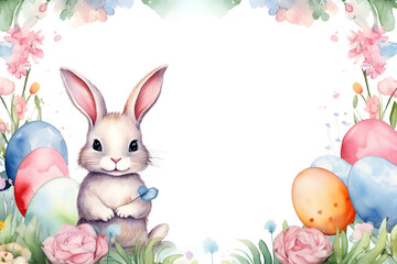 Wall Mural - Bunny with easter eggs frame background in watercolor style.