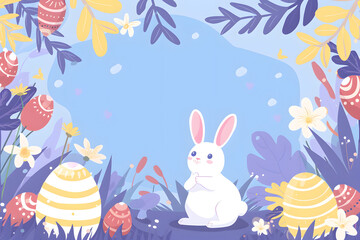 Wall Mural - Bunny rabbit with easter eggs frame background in flat style.