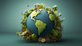 Fototapeta Natura - Illustration of earth surrounded by green leaves on soft blue background