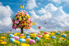 Tree With Easter Eggs. Landscape Background.