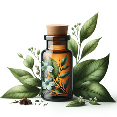 Wall Mural - glass bottle of tea essential oil on white background