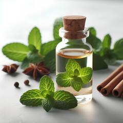 Wall Mural - glass bottle of mint essential oil on white background