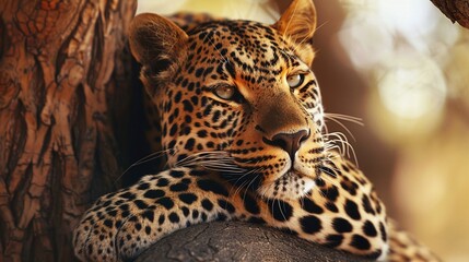 Wall Mural - stunning closeup shots of a majestic leopard resting on a tree in the wilderness
