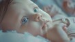 closeup of blue-eyed newborn baby lying on bed at home, adorable infant enjoying cozy nap in peaceful environment