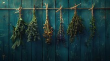 Assorted Hanging Herbs On An Old And Vintage Wooden Blue Background, For Seasoning Concept.