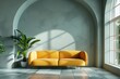 modern living room with bright colors and a yellow couch with green plant