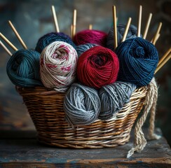 Wall Mural - many skeins of yarn along with knitting needles in a basket