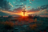 Fototapeta  - Christian Cross on a field at sunset