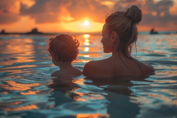 Wall Mural - A heartwarming scene of a mother and child enjoying a serene sunset while partially submerged in water, symbolizing the bond between them