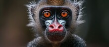 A Close-up View Of A Vulnerable Mandrillus Sphinx Monkey, Native To African Rainforests, Showing Its Striking Orange Eyes, White Mouth, And Red Nose.