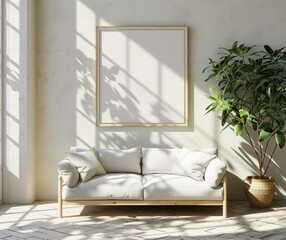 white wood frame near white sofa and plant with wooden frame