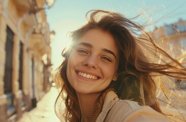 Wall Mural - young girl smiling at camera while selfie taking woman