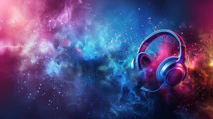 abstract headset headphones on colorful dust background, world music day banner. musical instruments design for event celebration