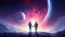 Astronaut Couple Holding Each Other's Hands On Space Sky Background