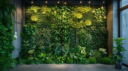 decorative indoor green wall with diverse plants and hanging lights modern interior design