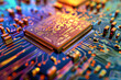 Background with processor computer chip on a circuit board with microchips.