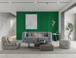 Mock up of a bright spacious living room with an original comfortable sofa and a stylish decorative background, 3D rendering.