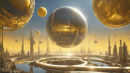 Wall Mural - sphere in the sky _A bright and futuristic planet with metallic and geometric structures, floating islands,  