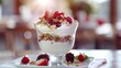 Healthy breakfast. Yogurt with granola and fresh berries. Diet, low calorie, weight loss food. Active, fit, healthy lifestyle.