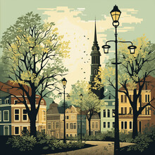 Vector Cityscape In Retro Style On The Theme Of Spring. Illustration With A Trees, Lampposts And Old Buildings Of The European City
