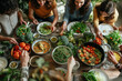 A group of diverse people gathering around a table, enjoying a communal meal of delicious and healthy dishes, fostering connection and promoting a balanced lifestyle.