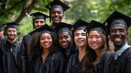 group of friends in caps and gowns celebrate academic accomplishment together at university graduation ceremony