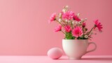 Fototapeta Kosmos - Easter egg and spring flowers in tea cup on bright pink background