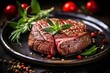 Close up of perfectly grilled juicy beef steak served on a pristine white ceramic plate