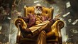 portrayal of a successful senior entrepreneur on a golden chair with money flying around, illustrating financial abundance and prosperity in a luxurious setting